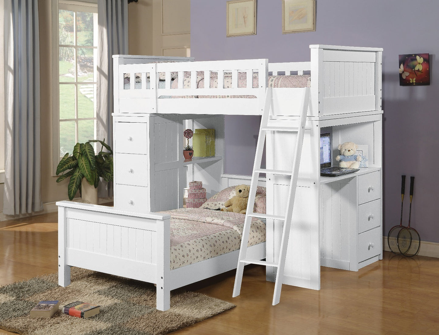 Art White Twin Loft Bed with Desk and Chest