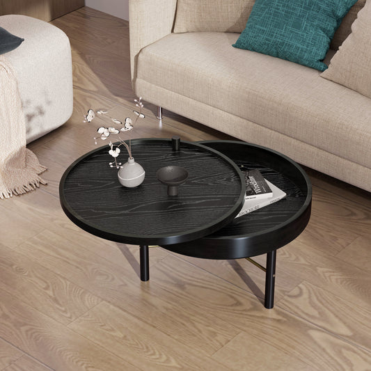 Misty Modern Round Wood Rotating Tray Coffee Table with Storage & Metal Legs in Black