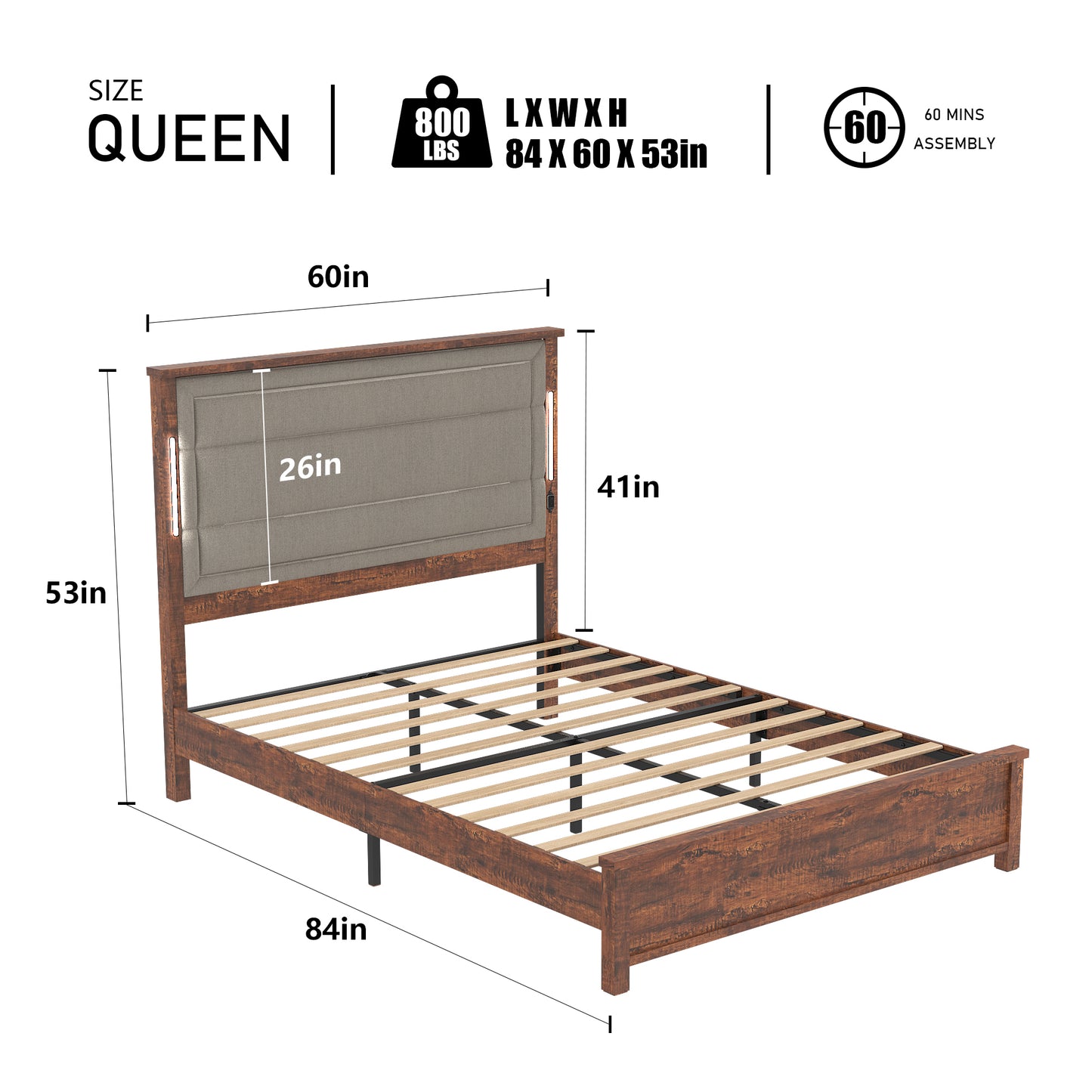 Aveline Transitional Wooden Queen Platform Bed with LED, Gray & Brown