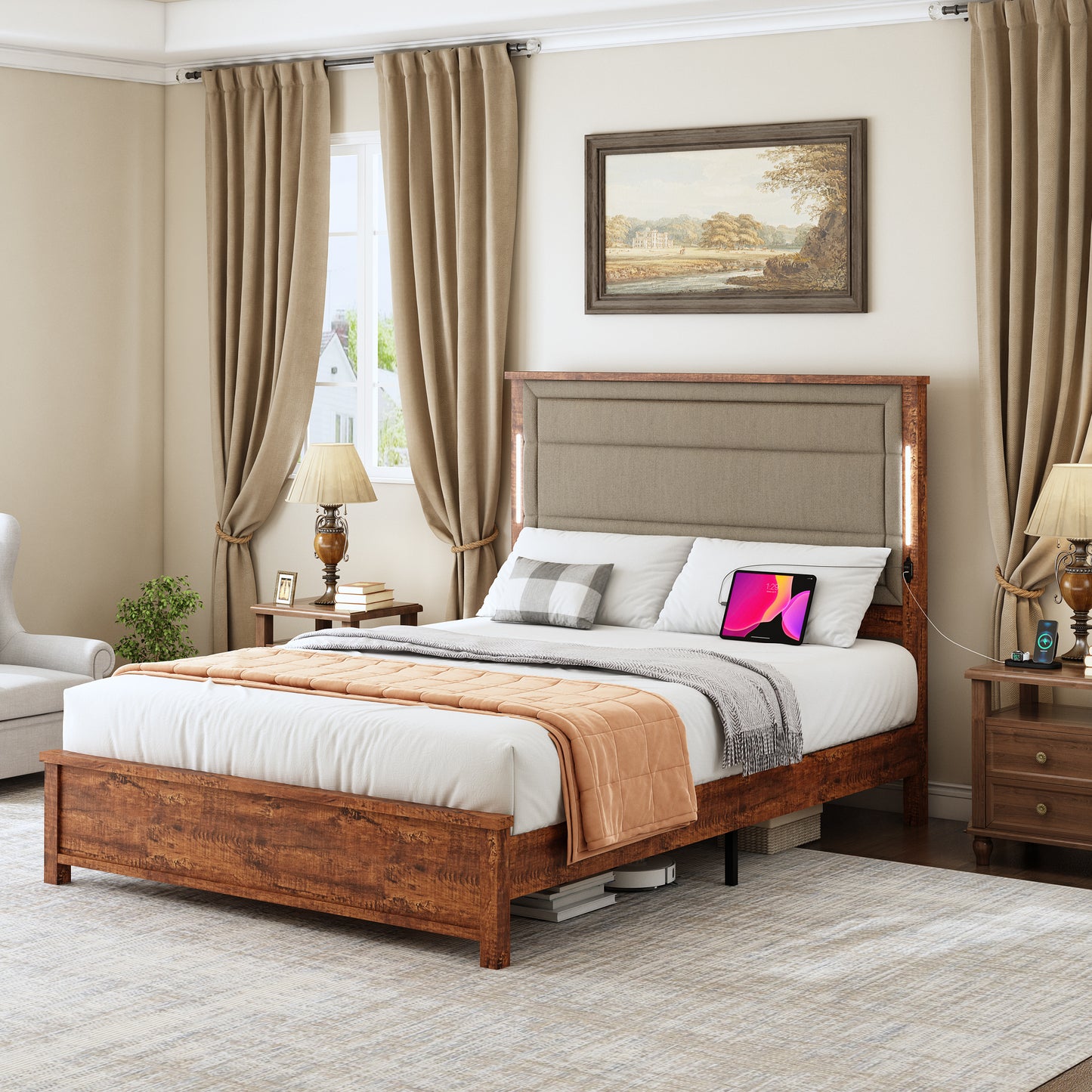 Aveline Transitional Wooden Queen Platform Bed with LED, Gray & Brown