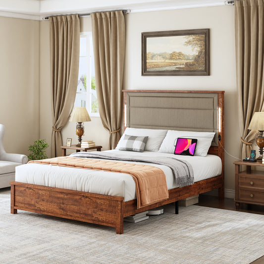 Aveline Transitional Wooden Queen Platform Bed with LED, Gray & Brown