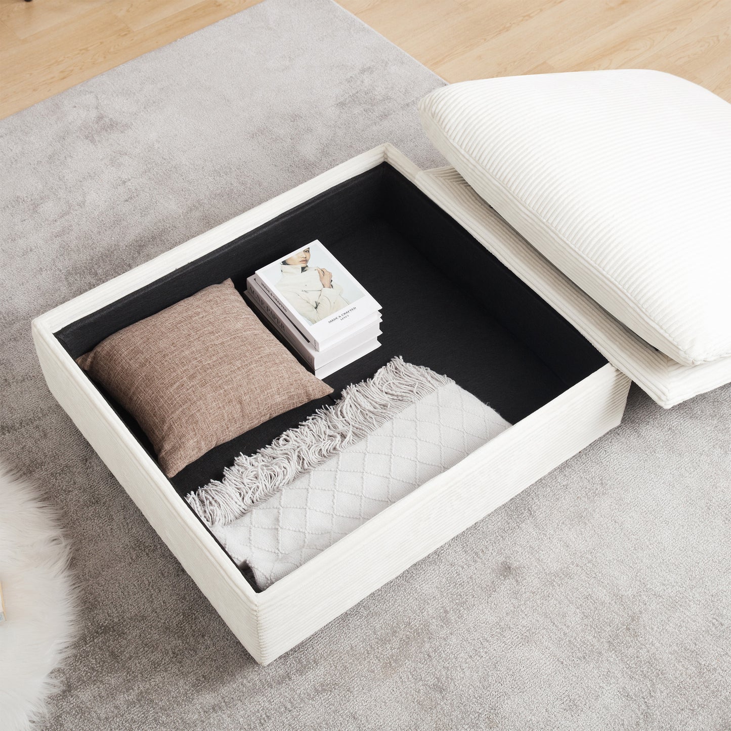 Sorrel Corduroy Upholstered Storage Ottoman, Beige