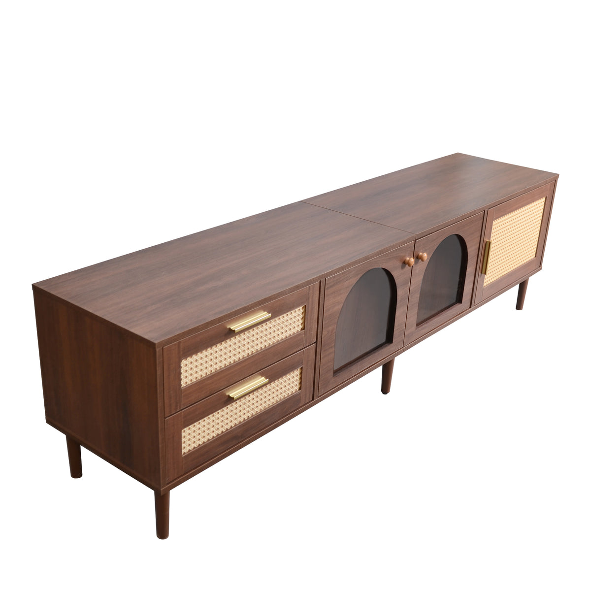 Georges Mid-Century Modern TV Stand with Rattan Doors in Dark Brown