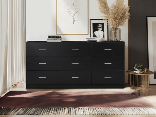 Eliana Modern 9-Drawer Dresser with Gold Handles, Black