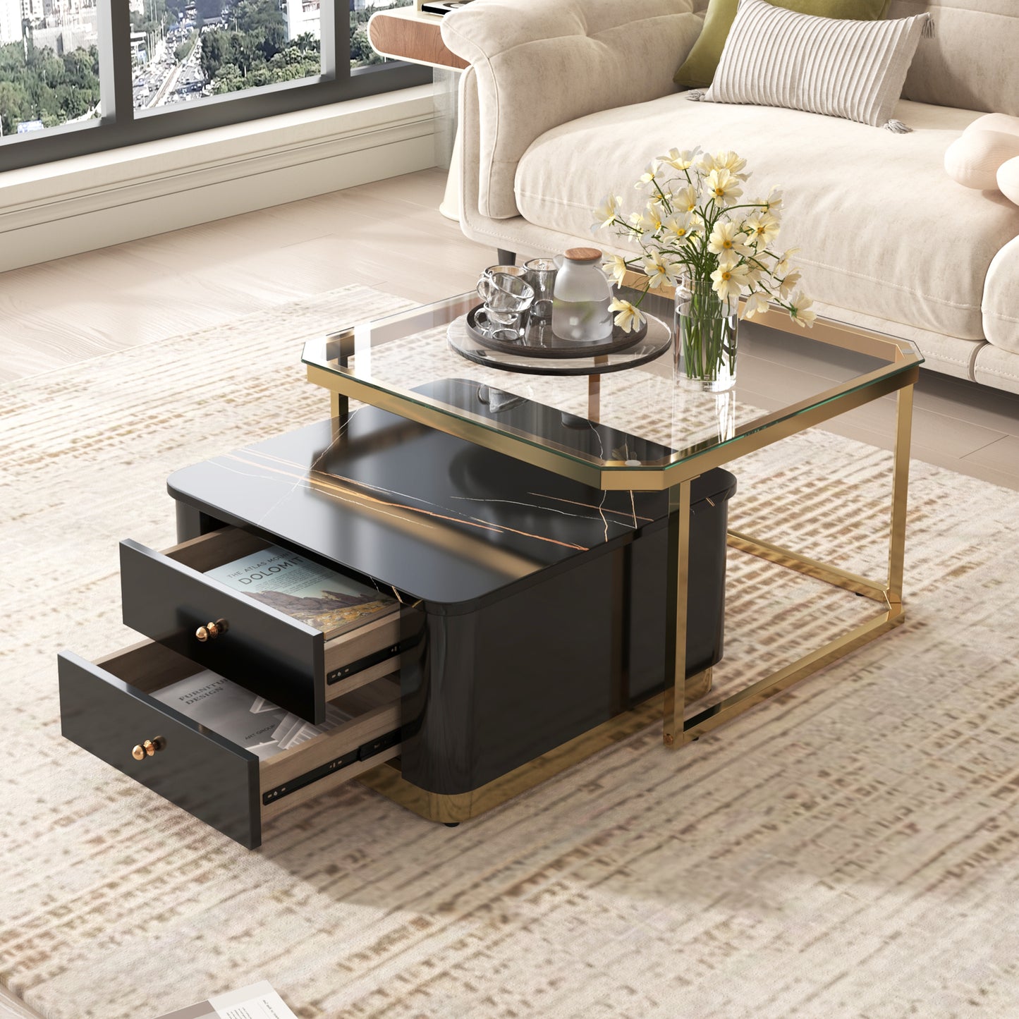 Saphira Modern High Gloss Nesting Tables - Black & Gold