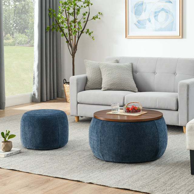 Jules 2-PC Upholstered Storage Ottoman Set with Wood Top, Blue