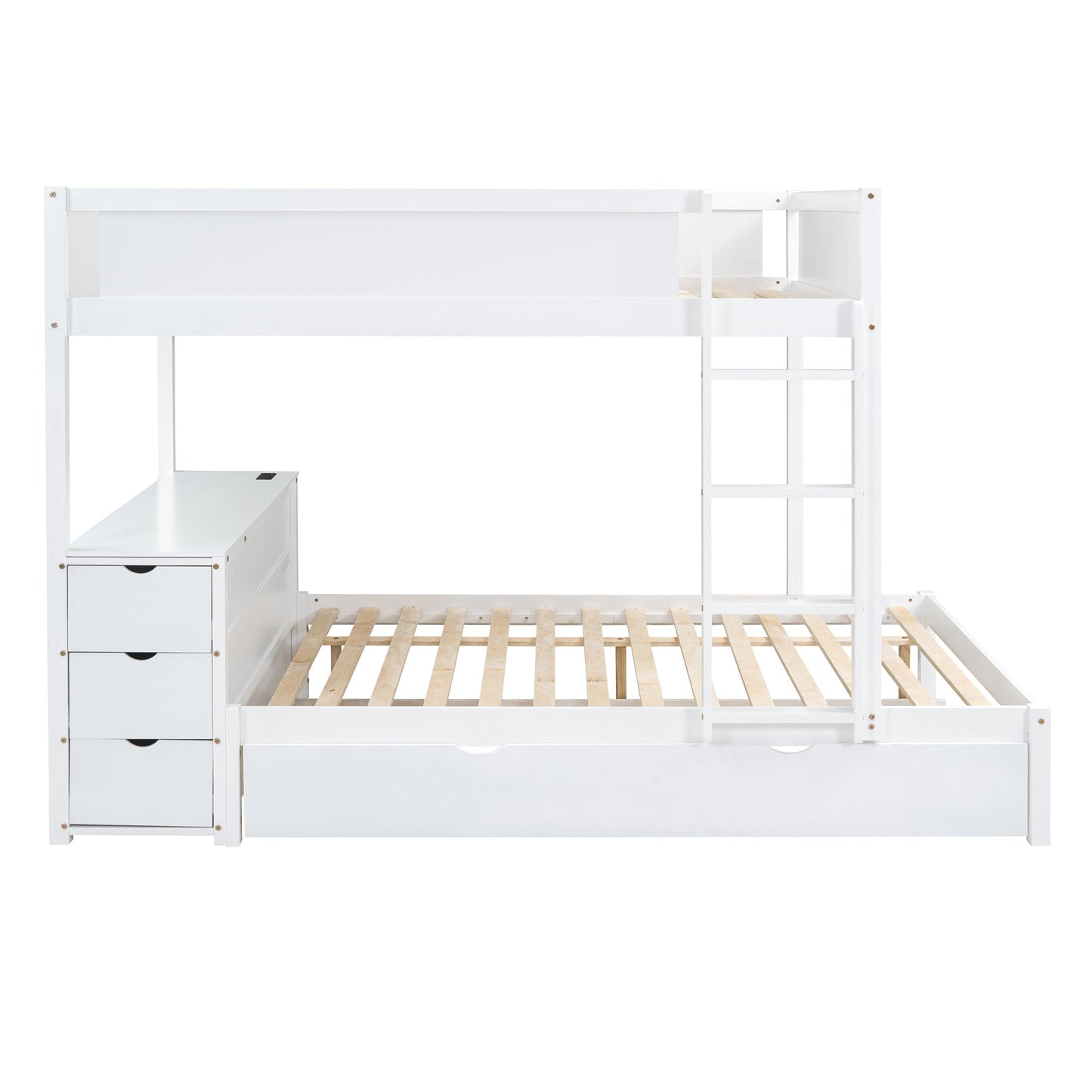 Stewart Full-Over-Full Bunk Bed with Twin size Trundle, Storage and Desk, White