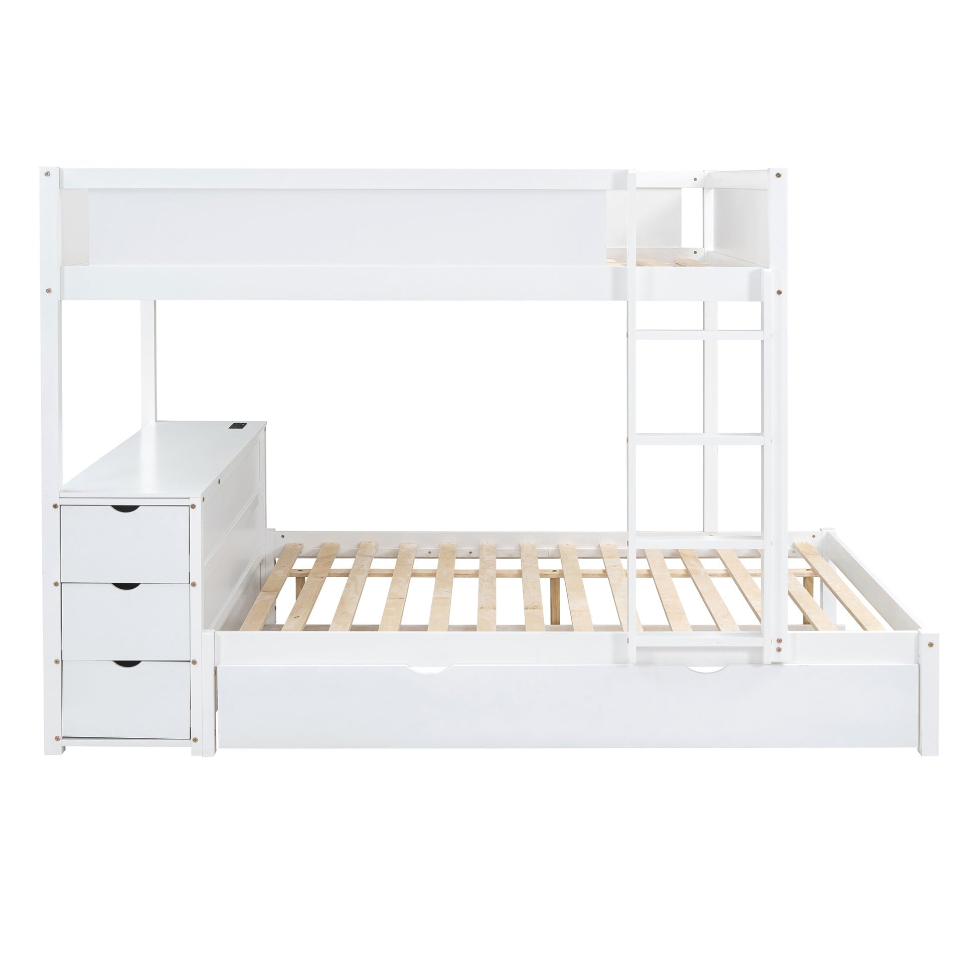 Stewart Full-Over-Full Bunk Bed with Twin size Trundle, Storage and Desk, White