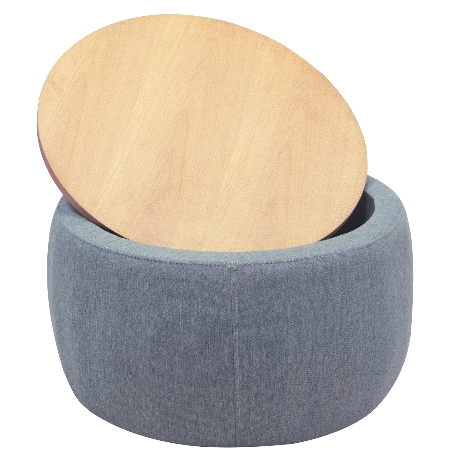 Jules Round Upholstered Storage Ottoman with Wooden Top, Gray
