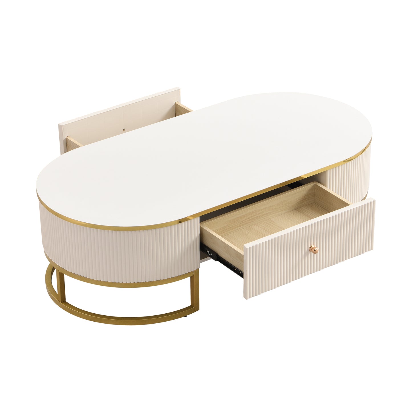 Sedona Modern Oval Coffee Table with 2 Large Drawers, White & Gold