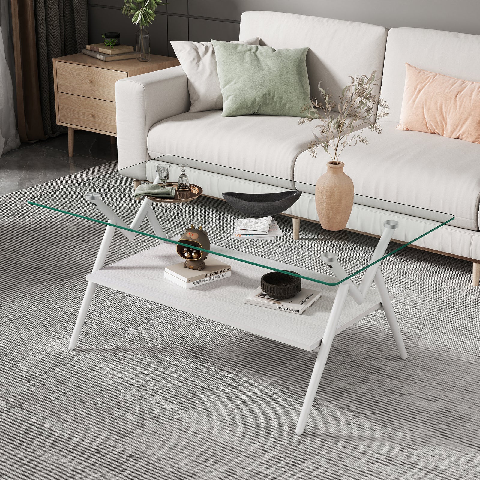 Waylon Modern Gray Glass Top Coffee Table, White