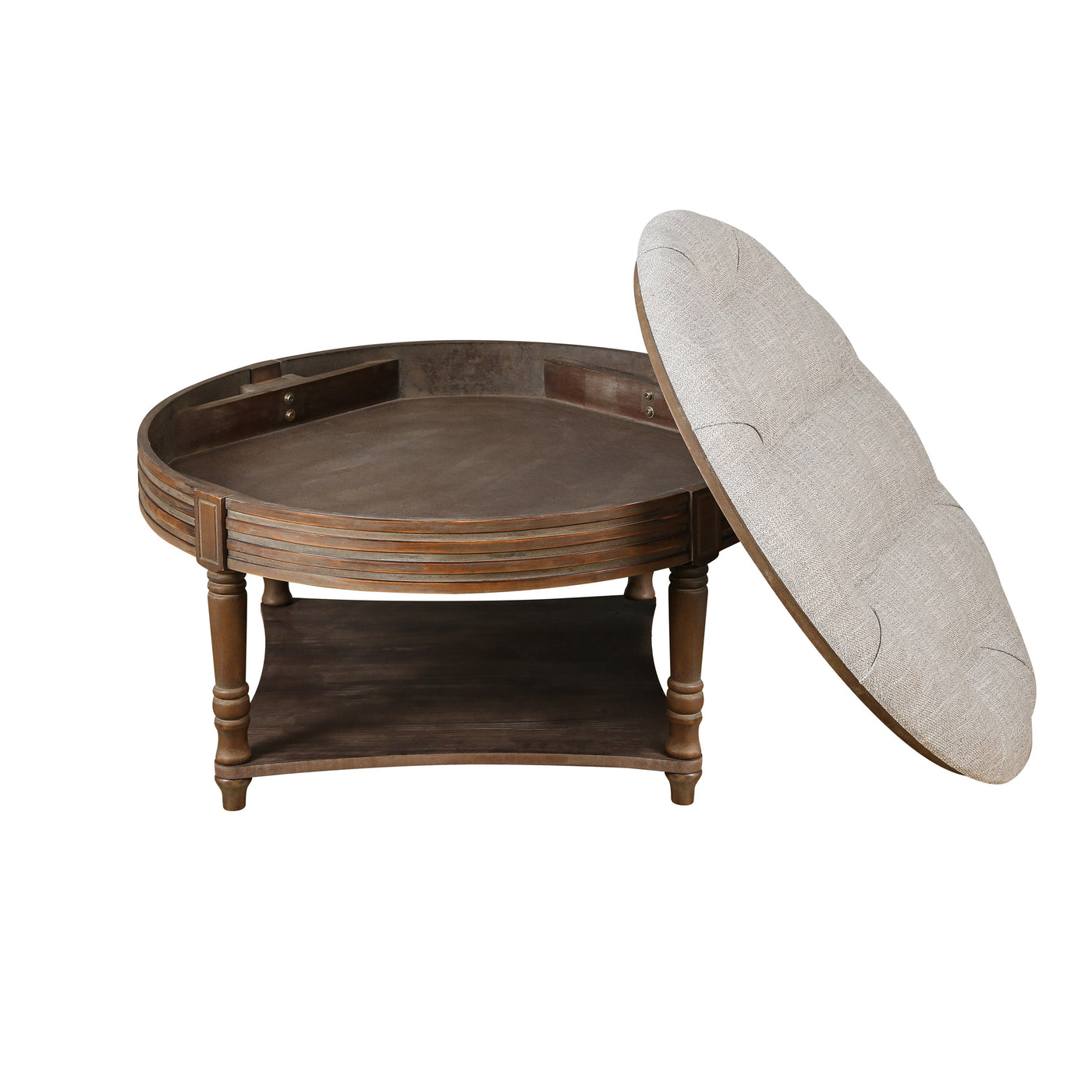 Hartford Large Round 2-Tier Ottoman Coffee Table with Tufted Linen Top