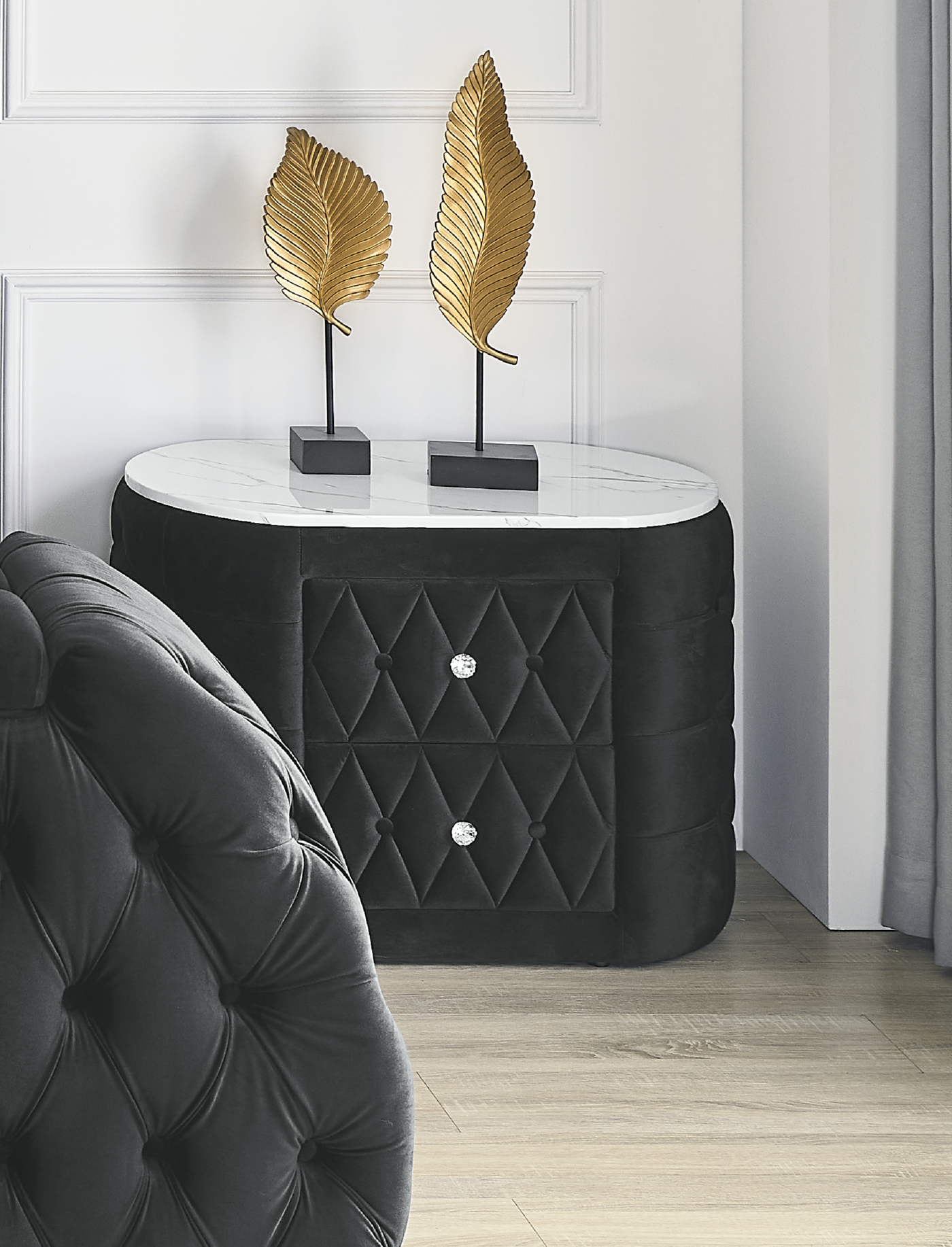 Sharron Modern Oval Faux Marble Top Upholstered Nightstand, Black