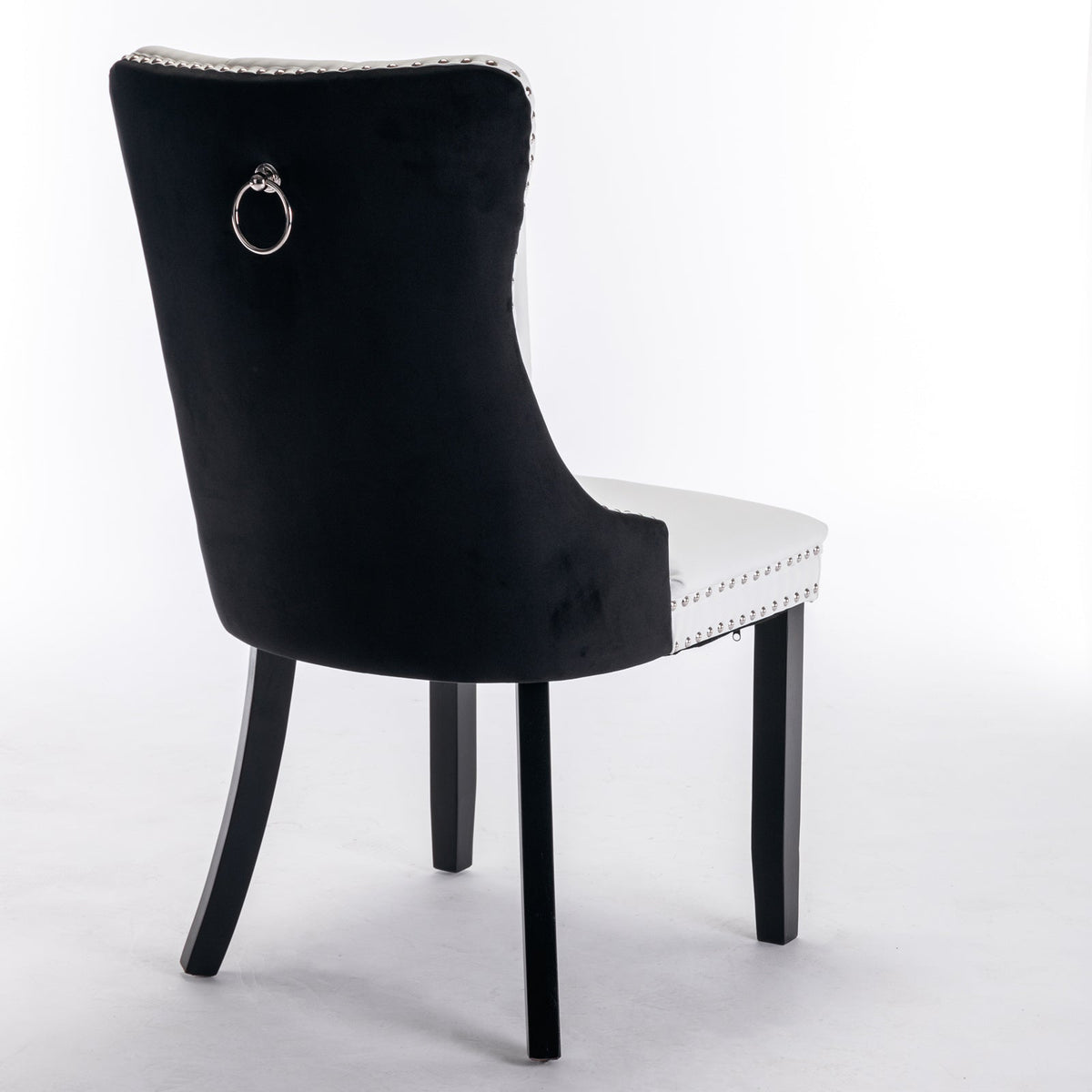 A&A Furniture Nikki Collection Tufted Faux Leather & Velvet Dining Chair with Nailhead Trim Set of 2 White/Black