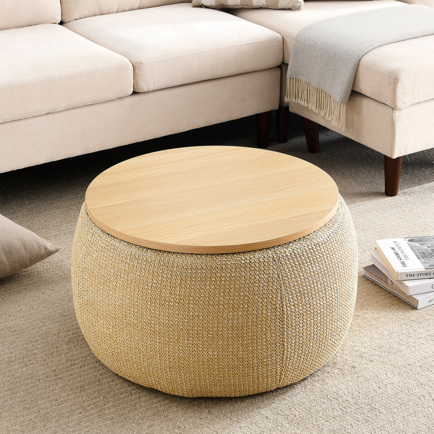 Jules Woven Rattan Round Storage Ottoman in Natural Finish