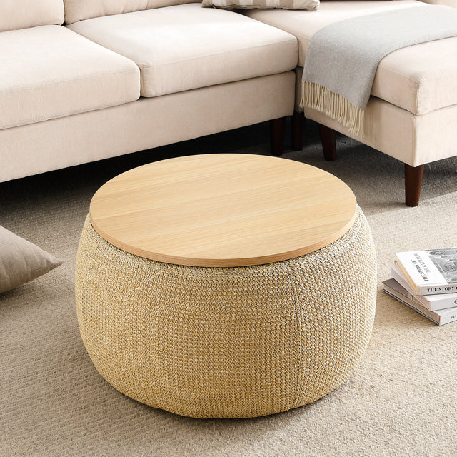 Jules Woven Rattan Round Storage Ottoman in Natural Finish