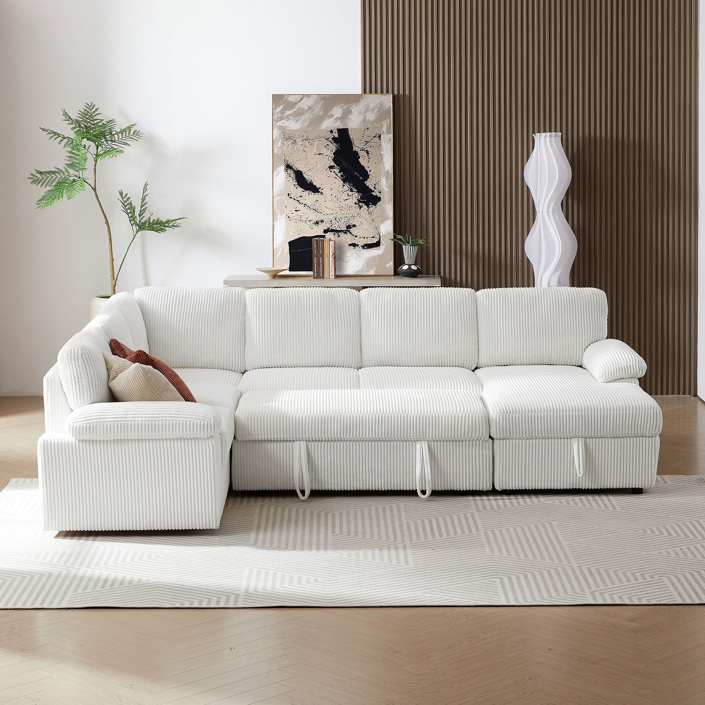 Lorcan Modern Oversize Corduroy Sleeper Sectional, White