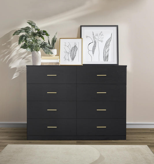 Eliana Modern 8-Drawer Dresser with Gold Handles, Black