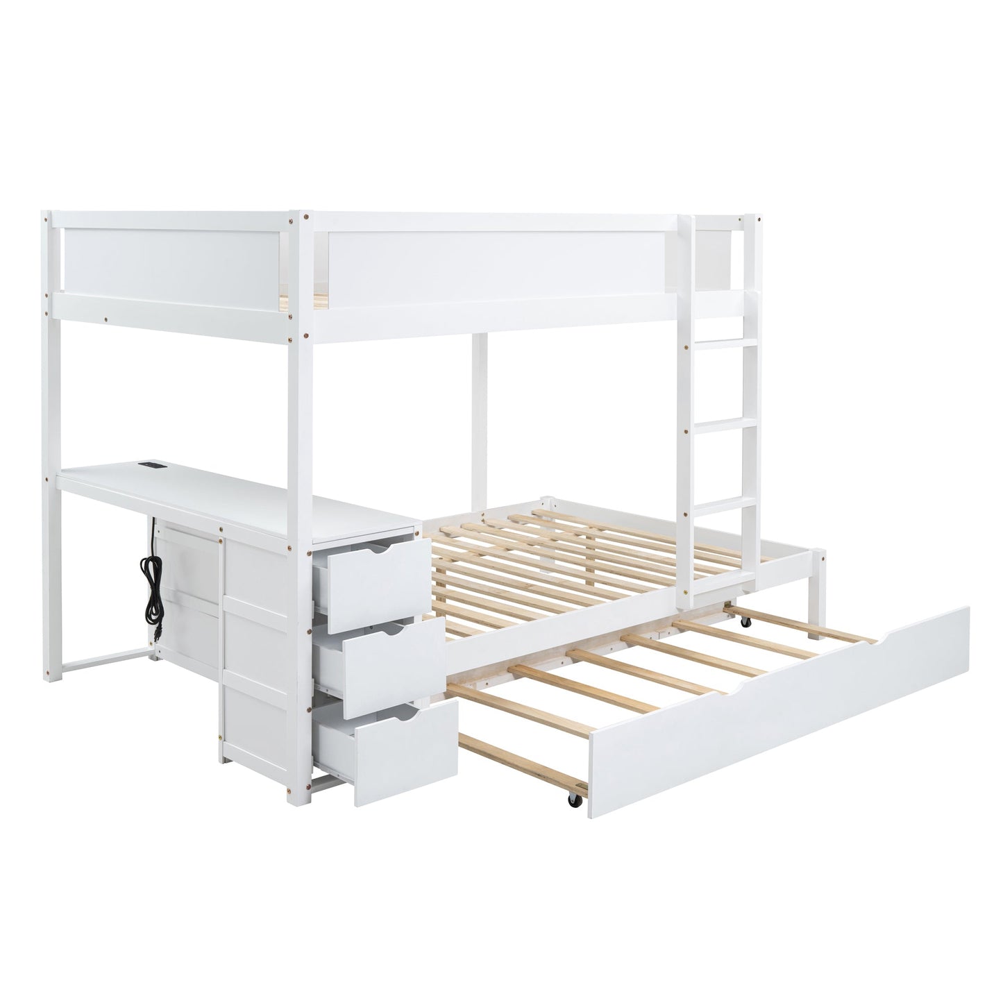 Stewart Full-Over-Full Bunk Bed with Twin size Trundle, Storage and Desk, White