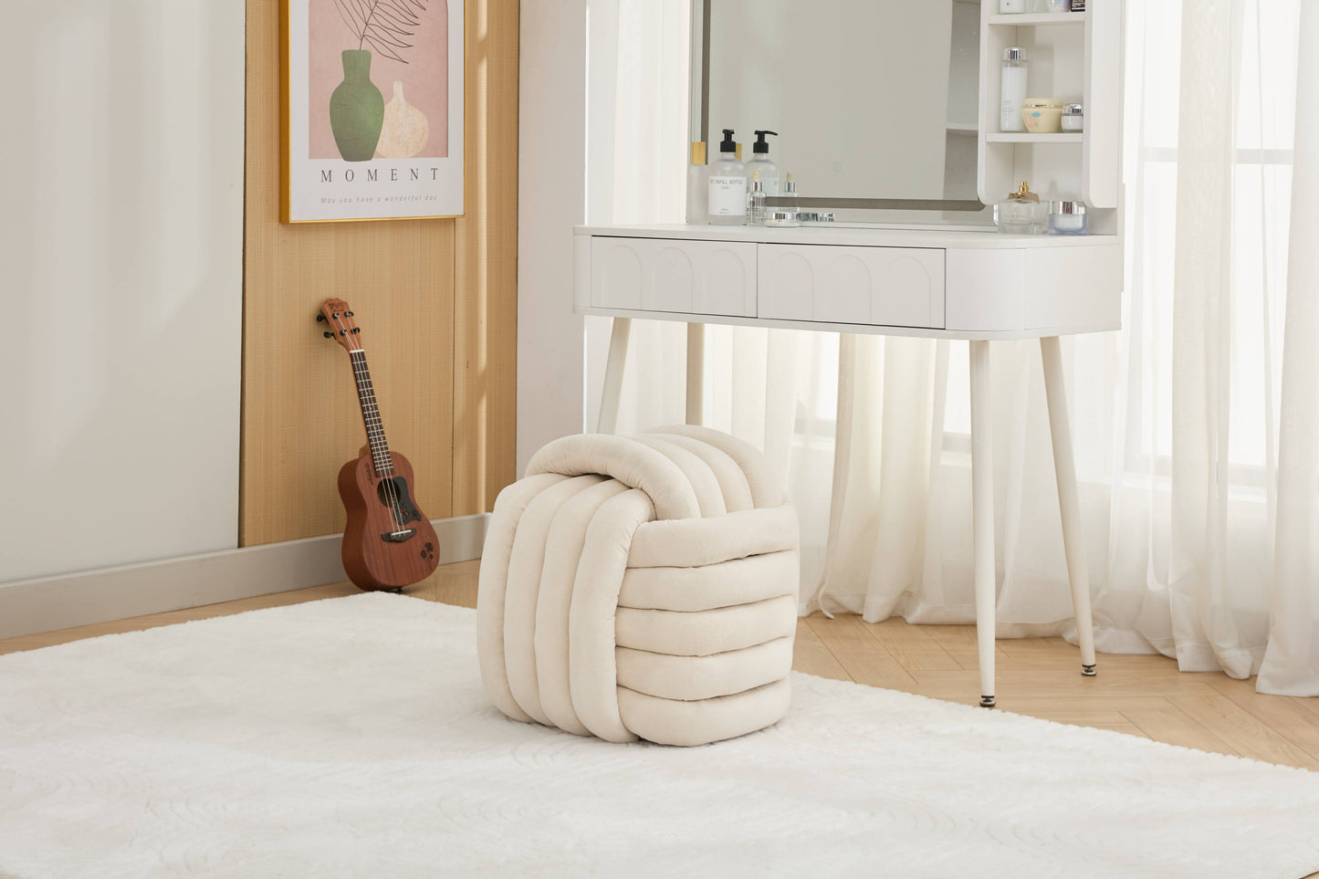 Darien Modern Chenille Knot Design Ottoman, Beige