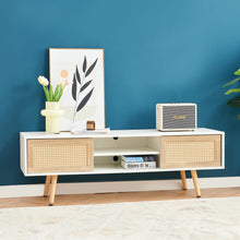 Clara Mid-Century Modern TV Stand with Rattan Doors and Angled Legs, White