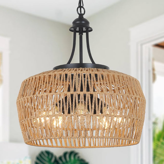 Large Farmhouse Chandeliers for Dining Room, 5-Light Rattan Boho Chandelier Light Fixture with Wicker Lampshade