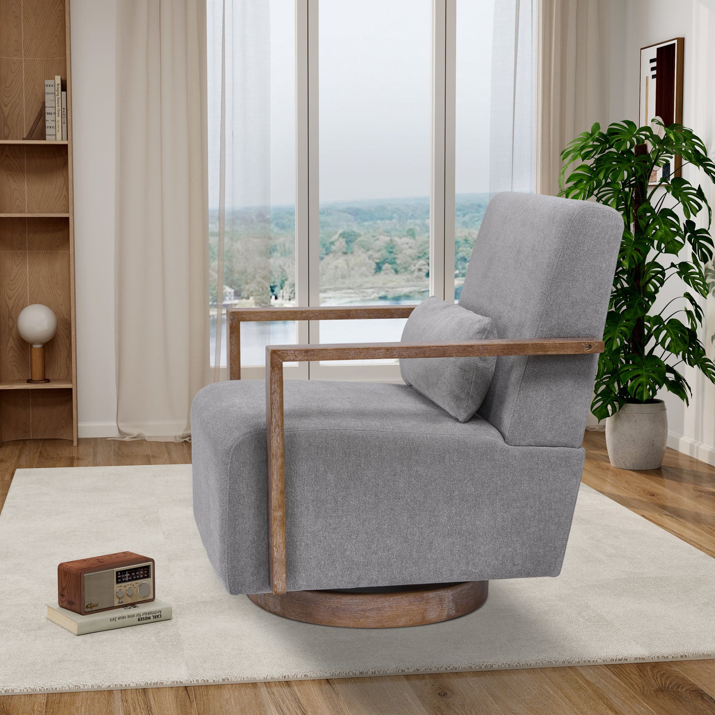 Tarren Linen Swivel Chair with Solid Wood Arms & Base - Gray