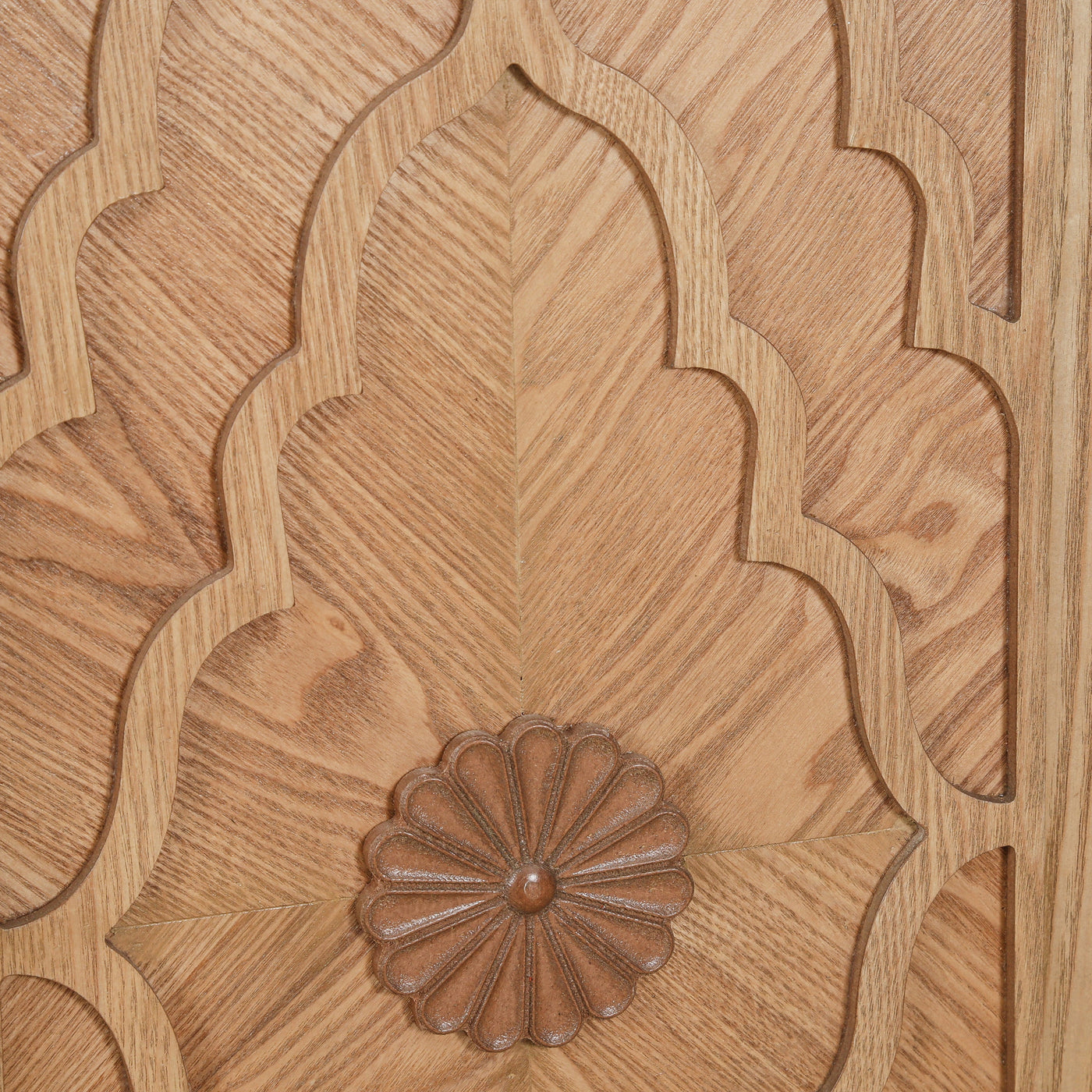 Natalie Carved Floral Door Large Storage Cabinet With Metal Handle, Natural