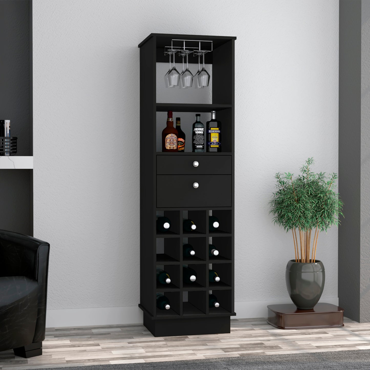 Black Wengue 12-Bottle 2-Drawer 1-Shelf Bar Cabinet
