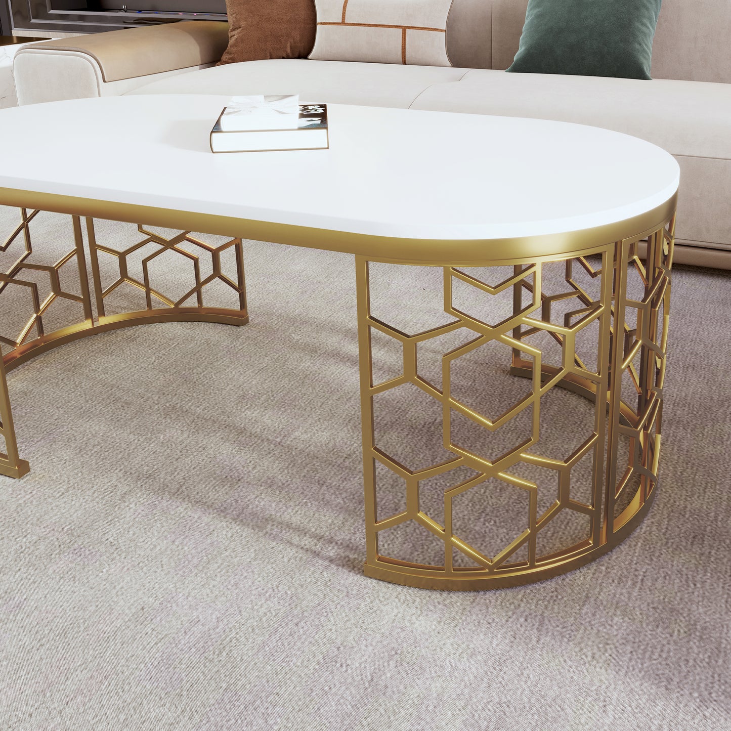Ardith Modern Oval Coffee Table with Cut-Out Pattern Metal Stainless Steel Frame in 47.2"