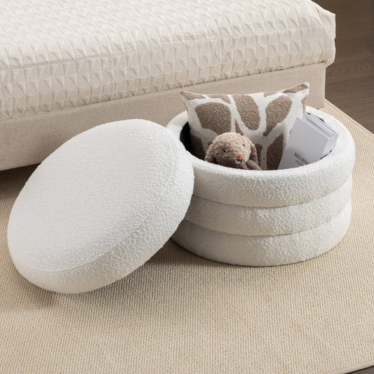 Ashley Boucle Upholstered Round Storage Ottoman - Ivory