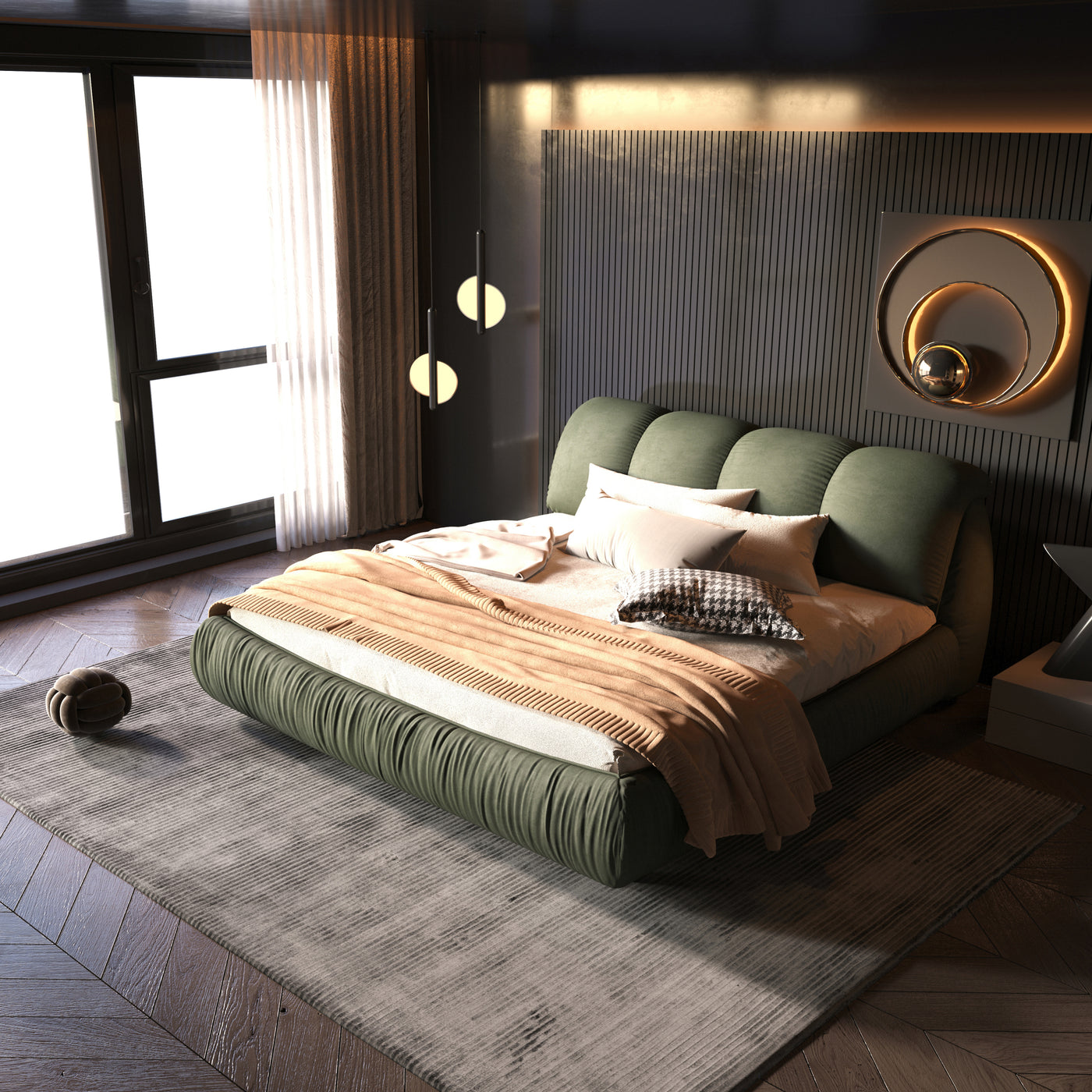 Calista Modern King Platform Bed with Oversized Padded Headboard, Green