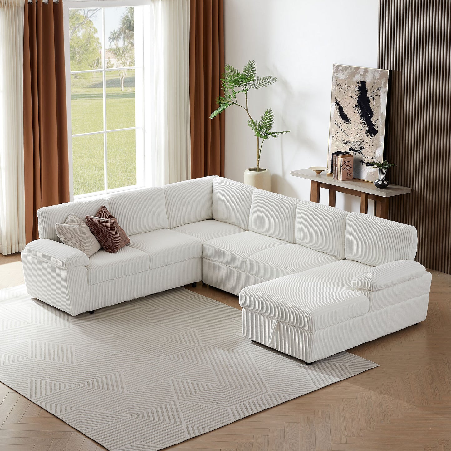 Lorcan Modern Oversize Corduroy Sleeper Sectional, White