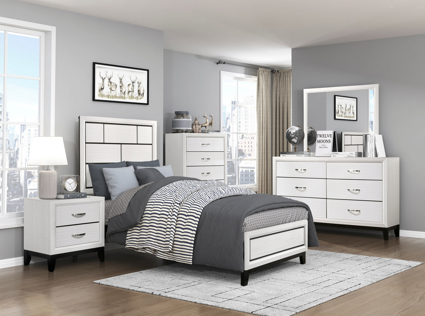 Mali Modern White Nightstand with Black Legs & Silver Handles