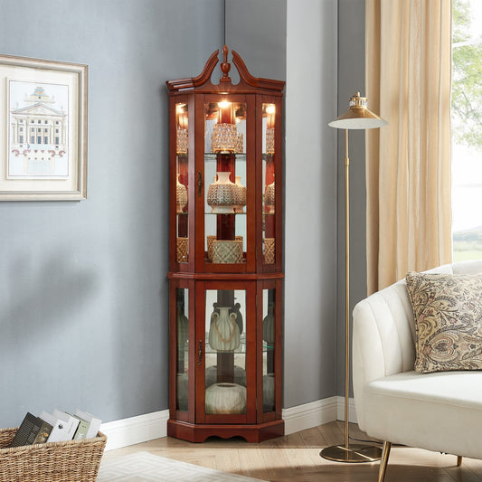 Agatha Traditional Curio with Adjustable Shelves & Mirror Back, Walnut