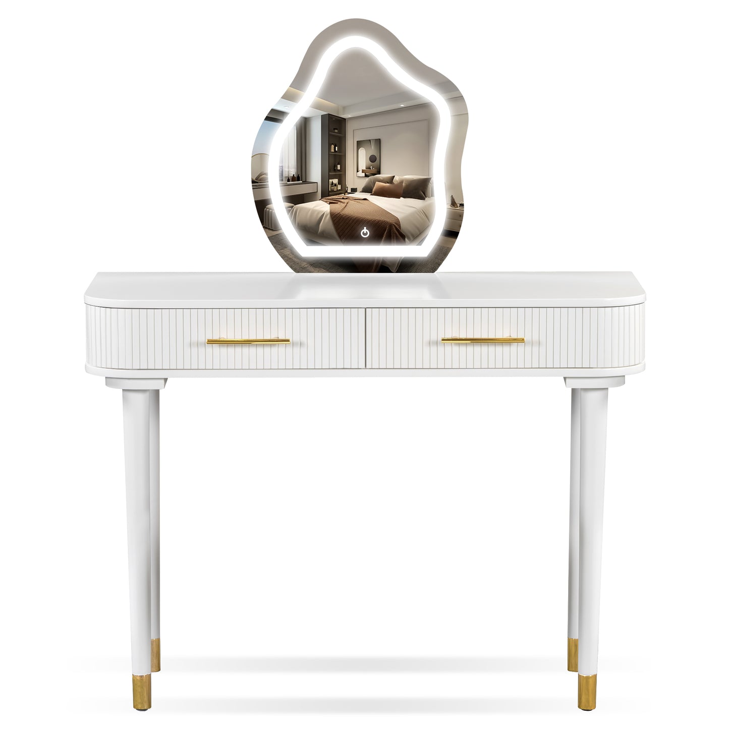 Hamilton Modern Vanity Set with Mirror Touch Screen Lighted Mirror, Dressing Table and Cushioned Stool Set
