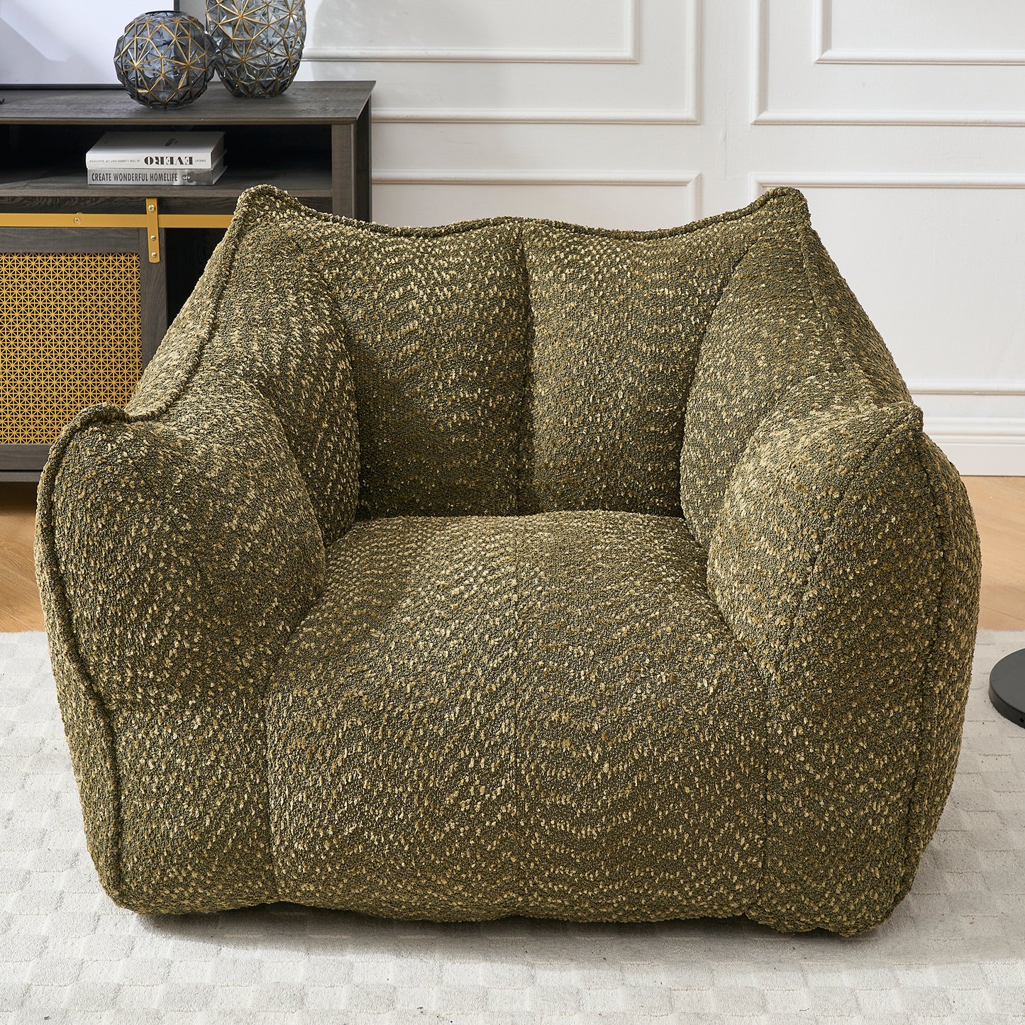 Holly Plush Chenille Upholstered Beanbag Chair, Olive