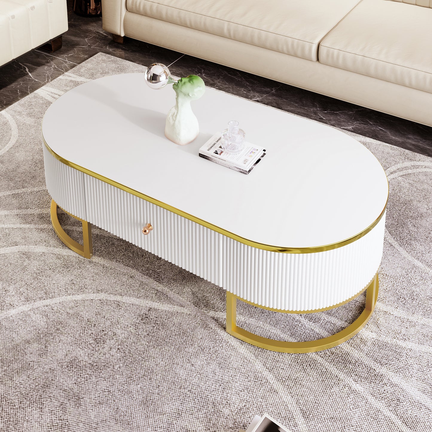 Sedona Modern Oval Coffee Table with 2 Large Drawers, White & Gold