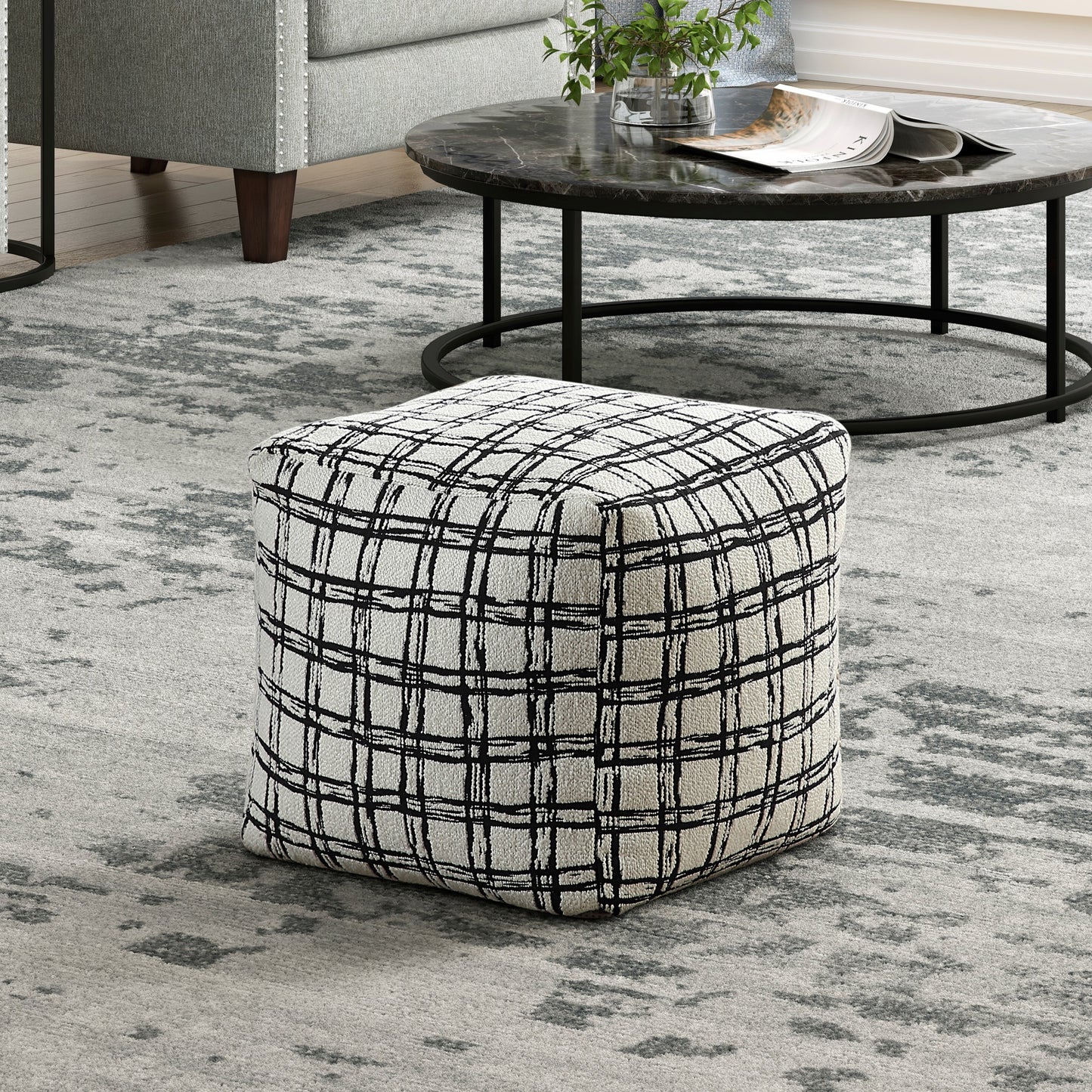 Modern Square Pouf Pattered Black White Fabric Upholstered Ottoman