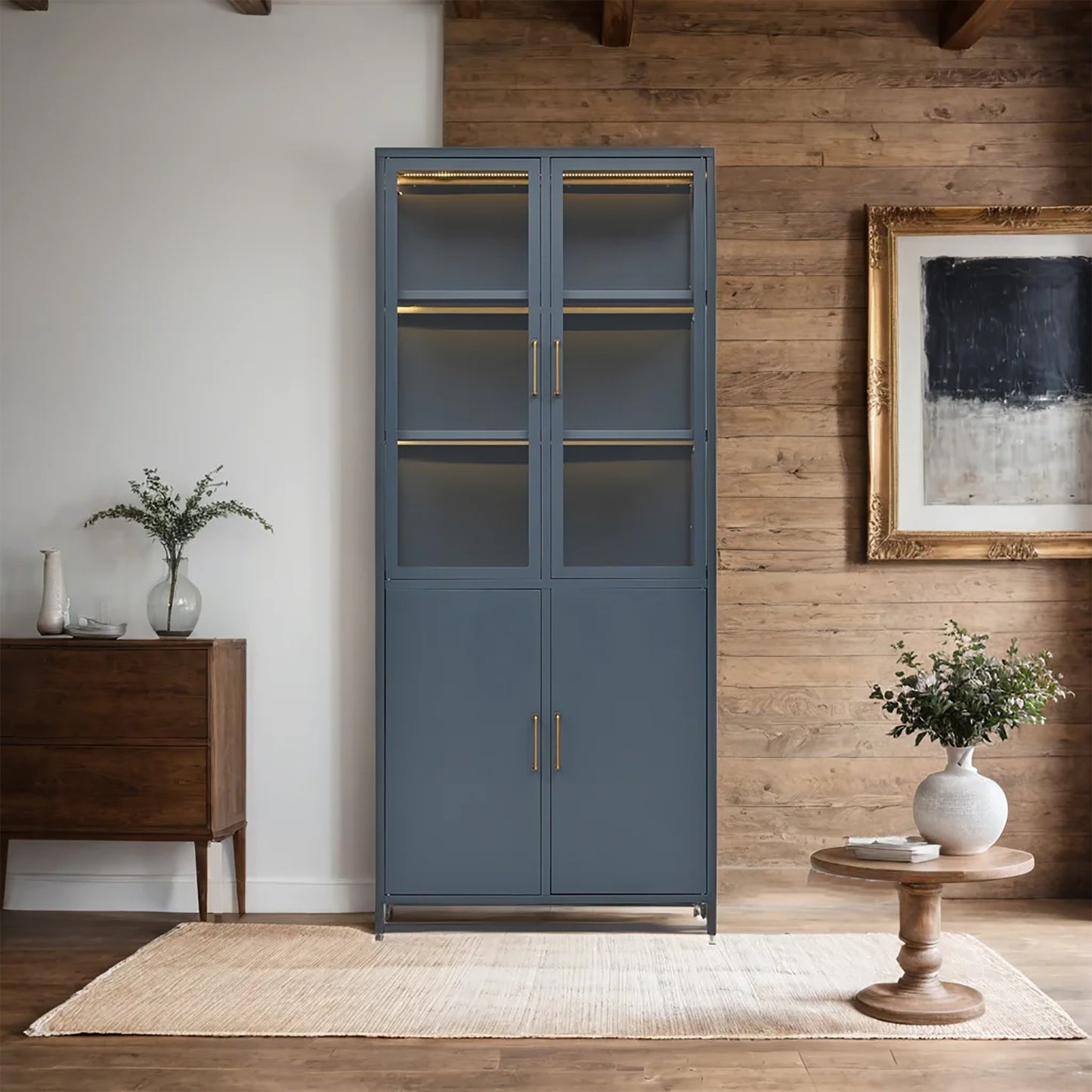 Modern 76.75'' Tall Steel Display Cabinet with Double Glass Doors, LED Lights, Dark Blue
