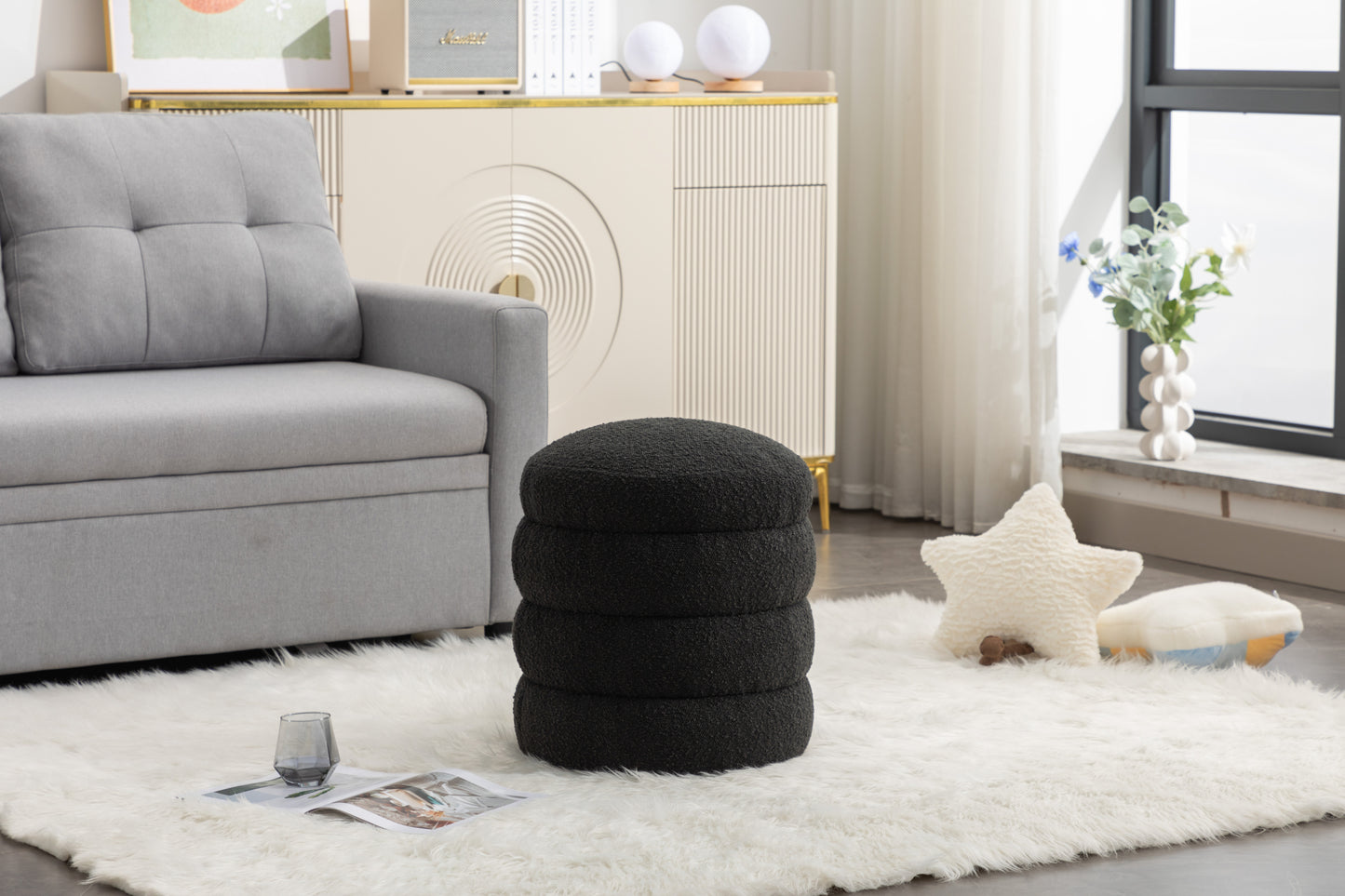 Blaise Round Boucle Upholstered Ottoman, Black