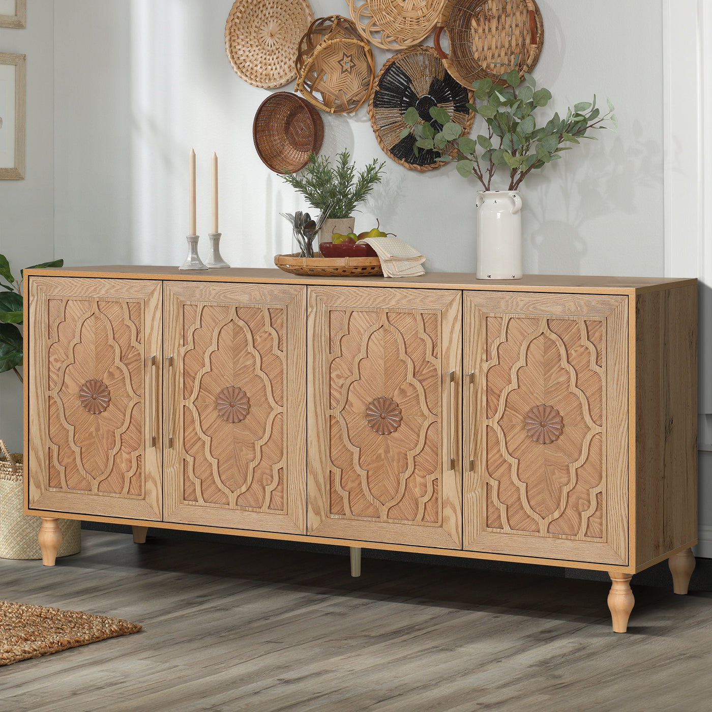 Natalie Carved Floral Door Large Storage Cabinet With Metal Handle, Natural