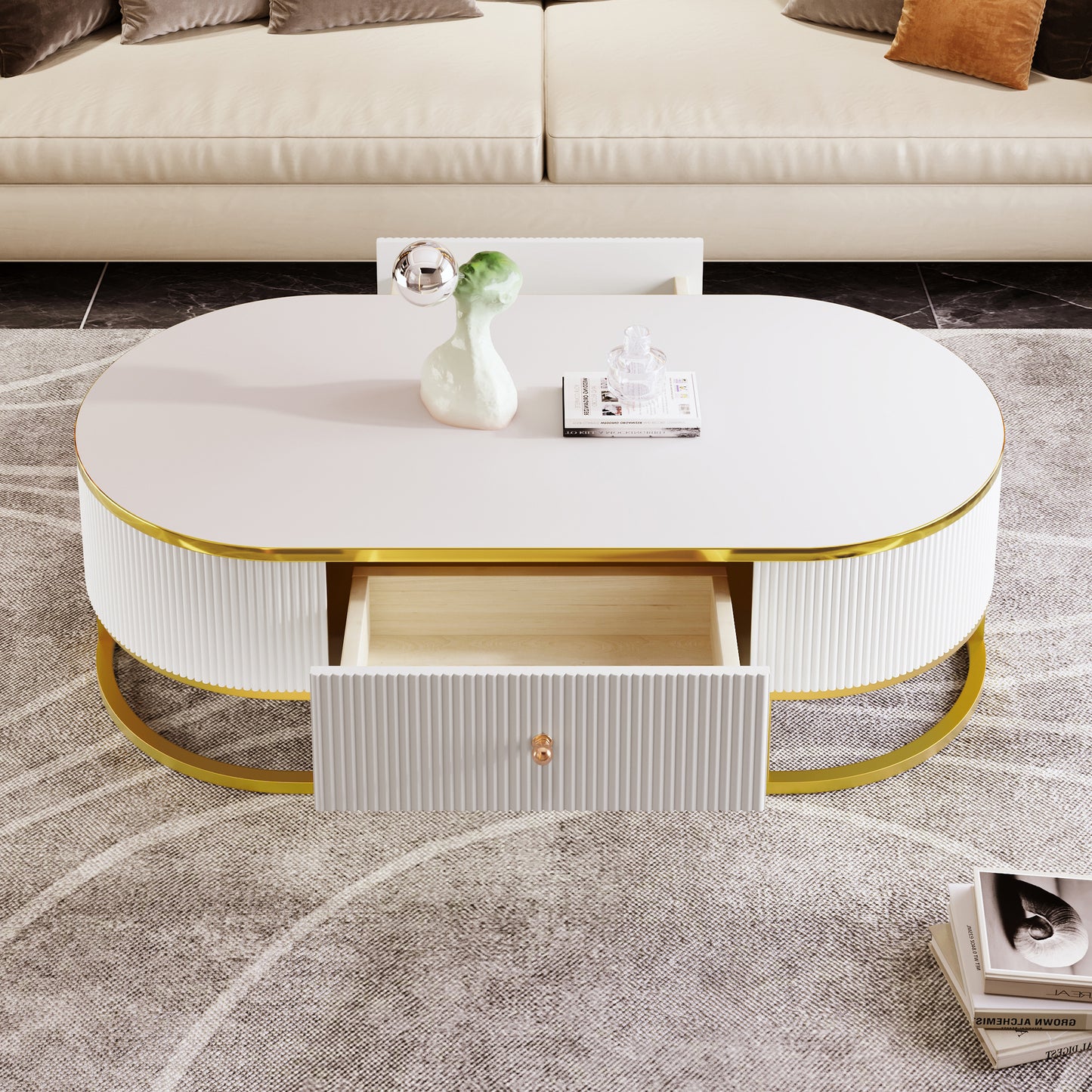 Sedona Modern Oval Coffee Table with 2 Large Drawers, White & Gold
