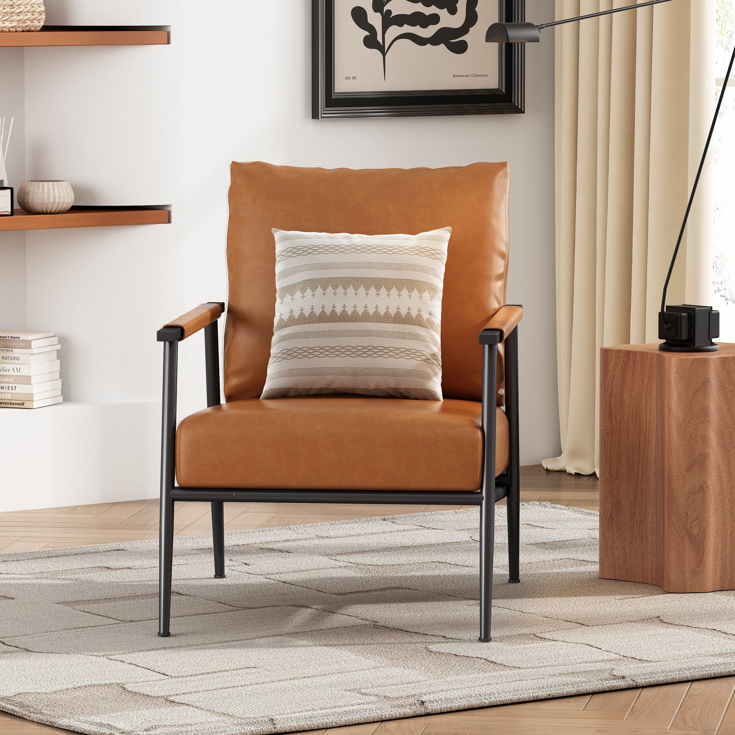 Ashby Mid-Century Modern Faux Leather Accent Chair with Metal Frame, Brown