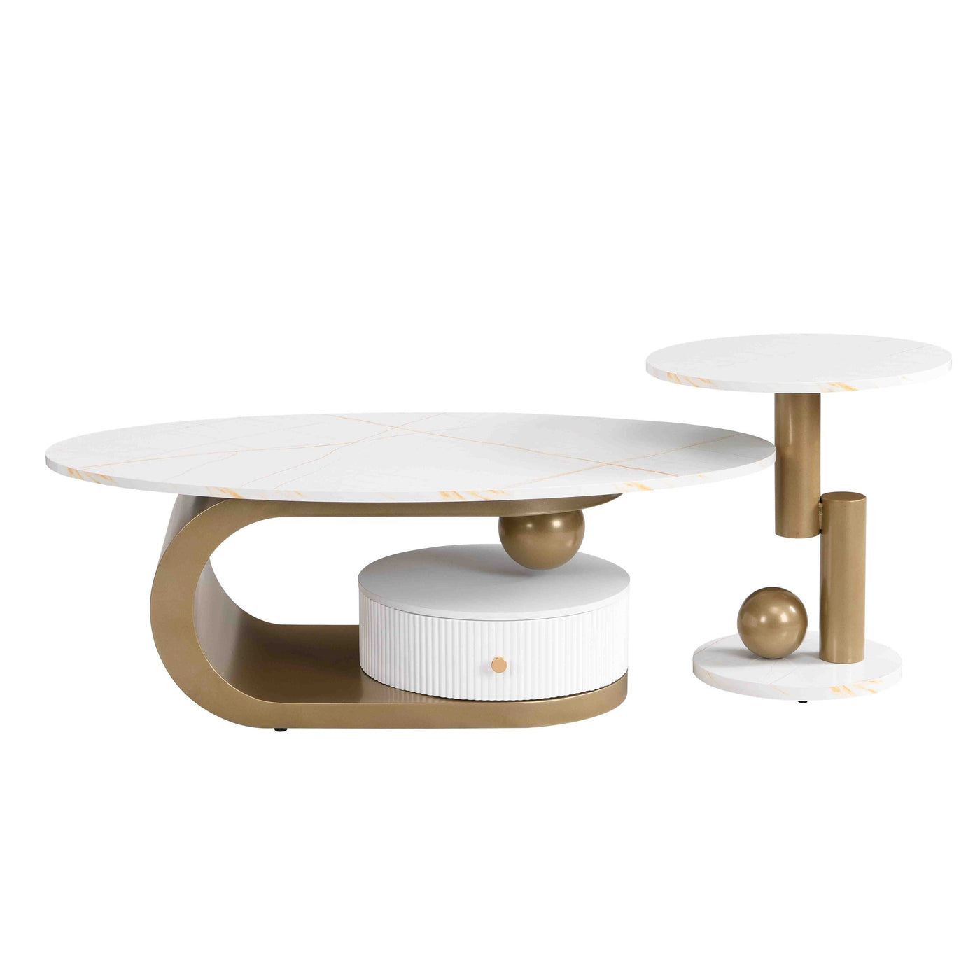 Flossie Modern Oval Nesting Table Set with Faux Marble Top, Brown & White