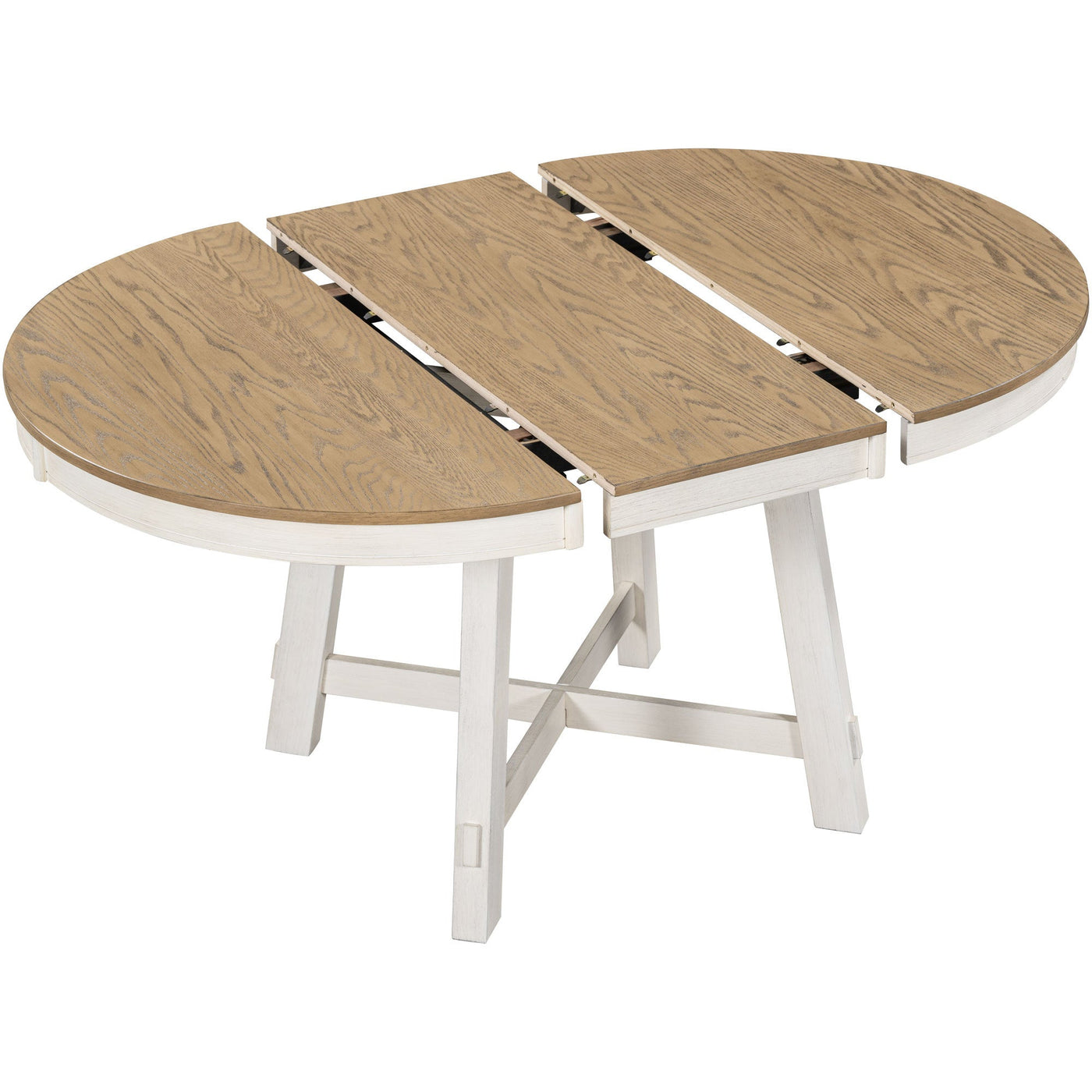 Blyssa Farmhouse Round Extendable Dining Table with 16" Leaf Wood Kitchen Table Oak Natural Wood + Antique White