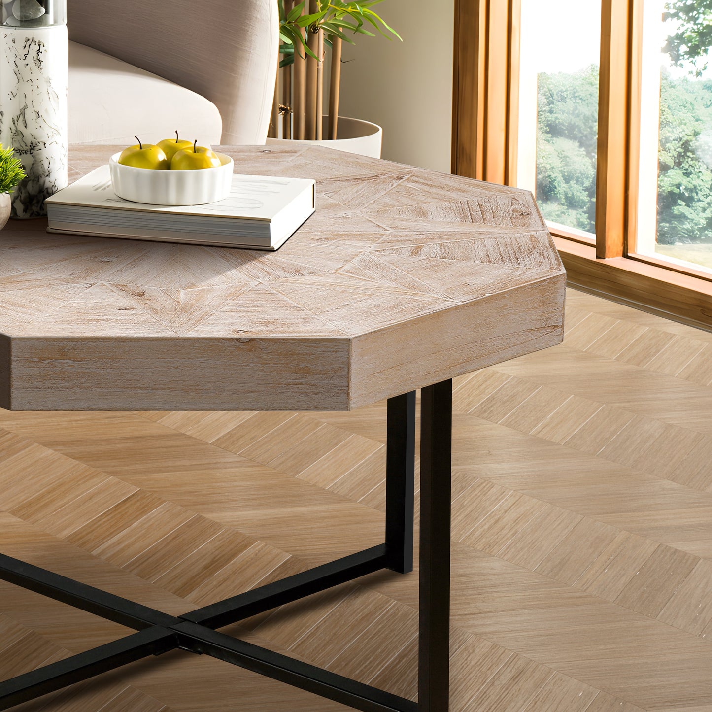 Eulalia Vintage Octagonal Shape Patchwork Craft Wooden Coffee Table, Antique Natural