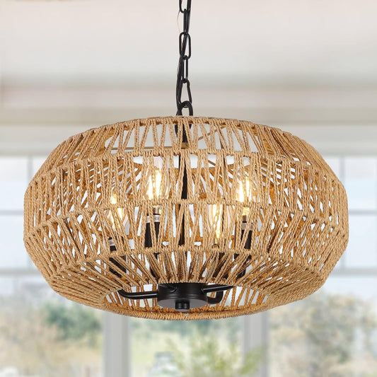 Farmhouse Rattan Pendant Lights, 15.7' 4-Light Boho Chandelier Light Fixture