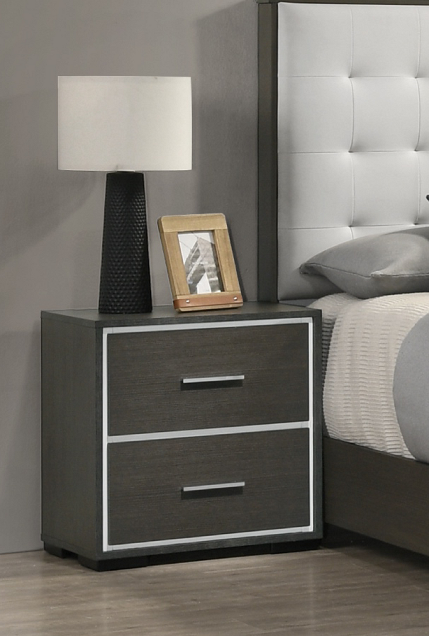 Trank Contemporary Gray Nightstand with Chrome Accents