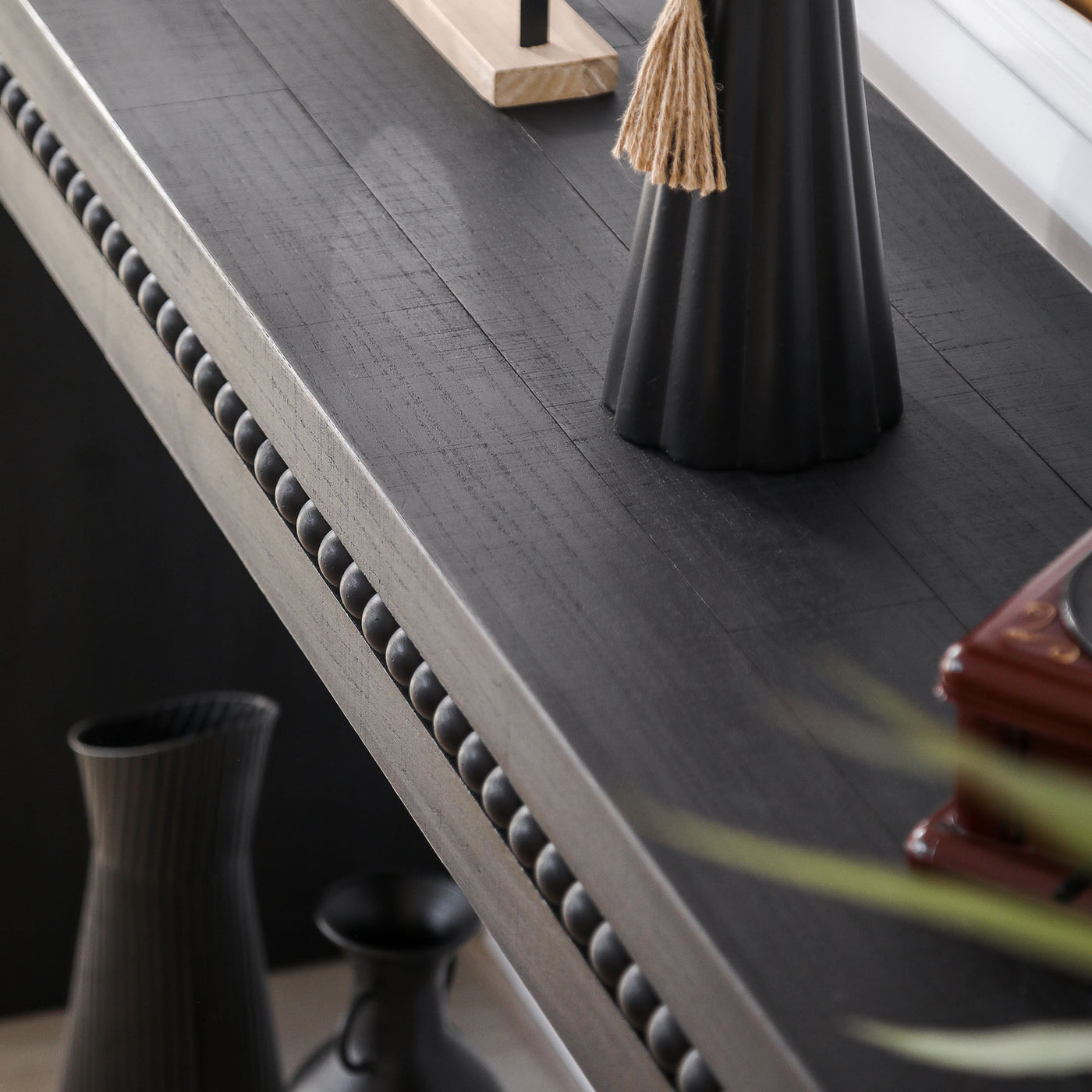 Ansel Wooden Console Table with Real Wood Beads Decoration, Antique Black